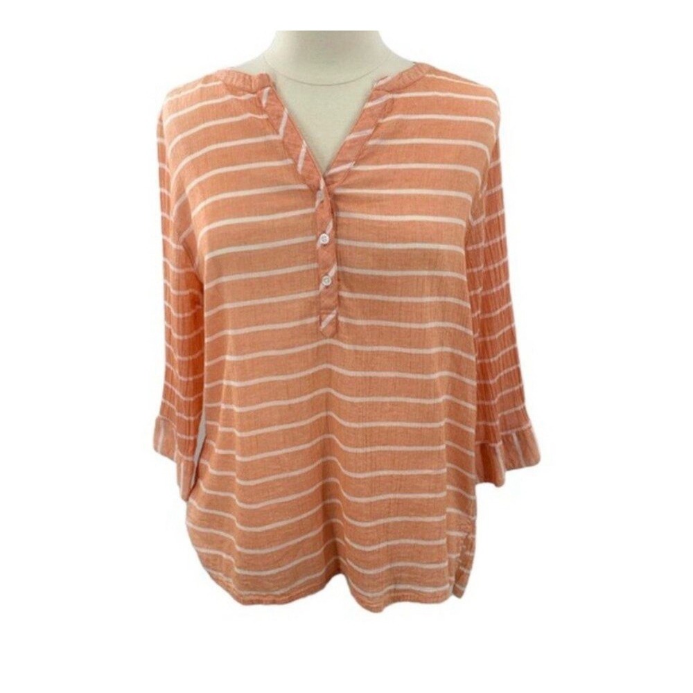 St. John's Bay‎ Popover Tunic Women's XL Peach Stripe Cottagecore Sheer Coastal